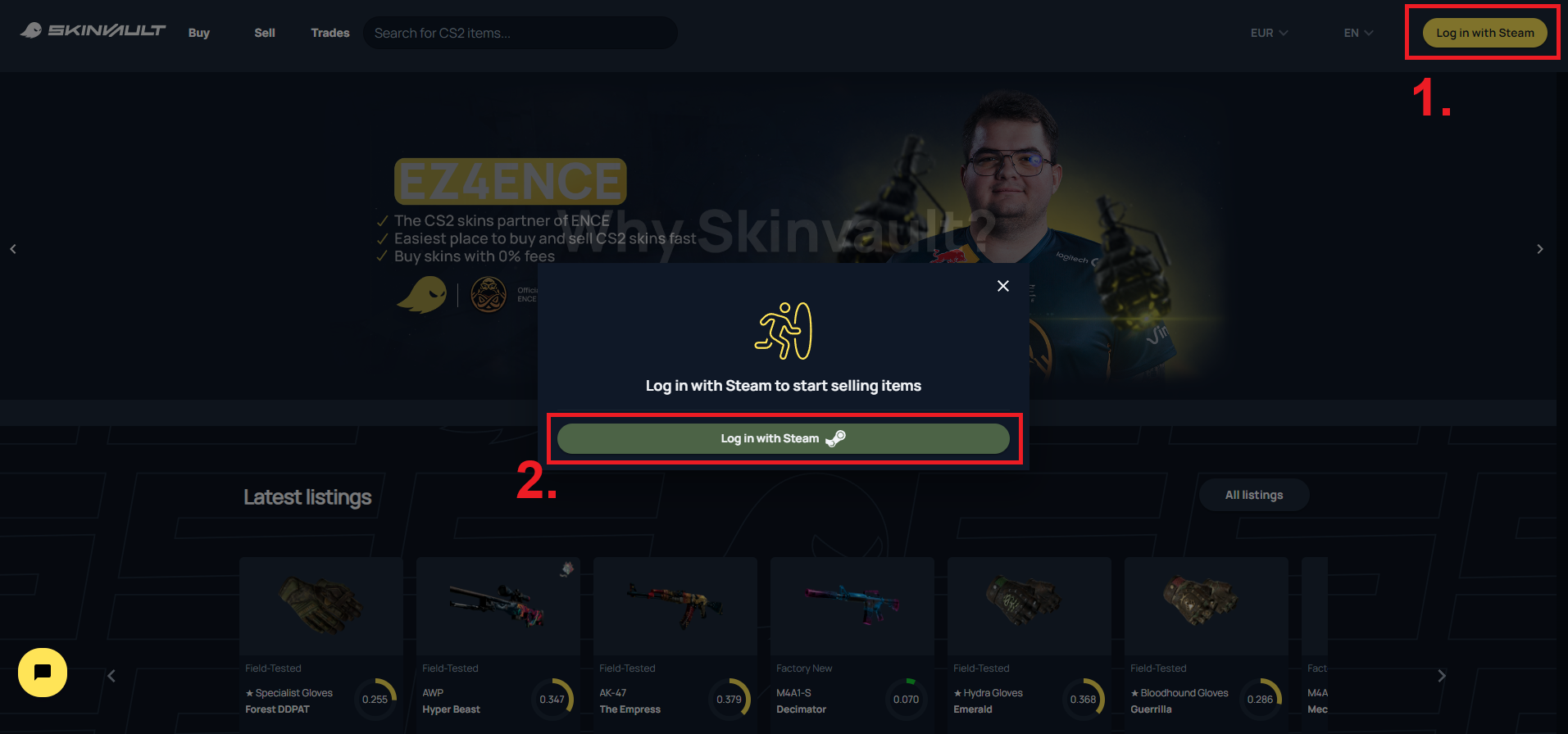 Skinvault login with Steam